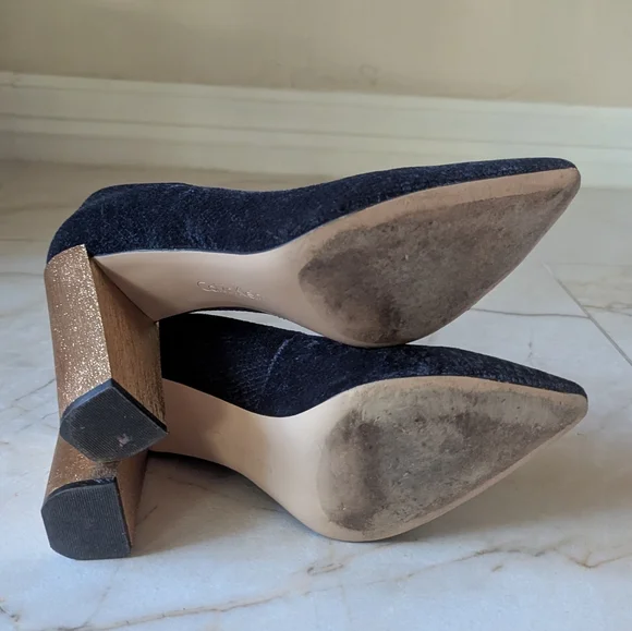 Calvin Klein | High Heel Shoes Womens Navy Velvet Gold Block Heel Pumps Neema - Picture 7 of 7